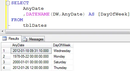 Using DATENAME to get day of week