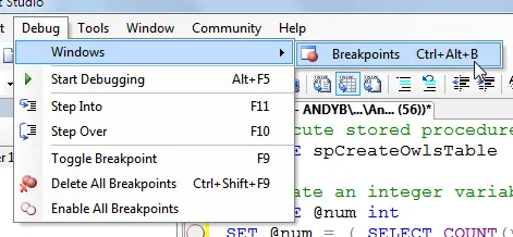 Displaying the breakpoints window