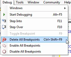 Delete all breakpoints menu