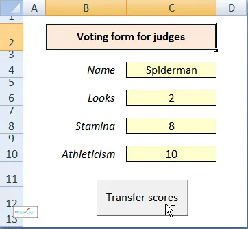 Input form with button to transfer results