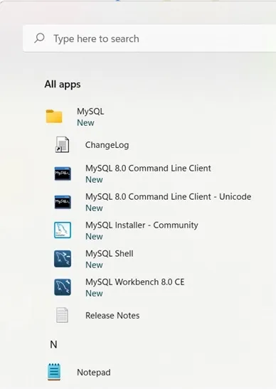 Start menu MySQL apps