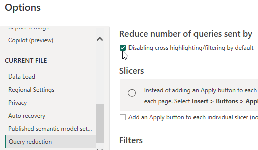 Part of the Options dialog box in Power BI Desktop showing the setting for Disabling cross highlighting/filtering by default