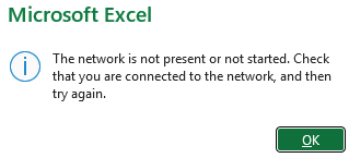 An error message displayed by Microsoft Excel when using VBA to open a file in OneDrive when offline.