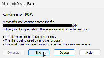 An Excel VBA runtime error message displayed when failing to open a file.