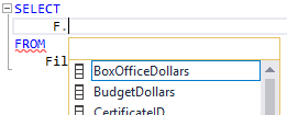 A SQL SELECT statement showing the Intellisense feature listing the columns of a table.