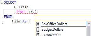 The Intellisense list in a SQL query showing a list of columns belonging to a table using an alias.