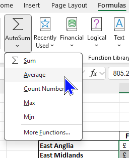 Showing Autosum functions in Excel