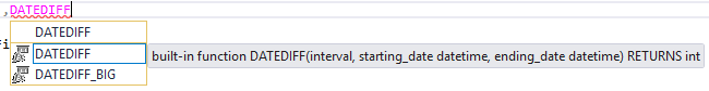 A tooltip showing information on the DATEDIFF function in SQL Server Management Studio