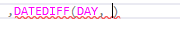 Writing the DATEDIFF function in a SQL query showing that the function's tootip doesn't appear by default.