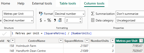 Column using the decimal number format option Column using the decimal number format option